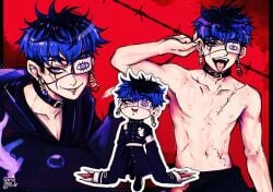 absurdres barbed_wire black_border black_hair blue_hair border bow bridge_piercing collar collarbone ear_piercing earrings face_piercing fingernails full_body hand_up highres jewelry lip_piercing looking_at_viewer messy_hair multicolored_hair navel omokage_yugamu open_mouth piercing purple_eyes red_bow scar scar_on_chest smile teeth the_hundred_line_-last_defense_academy- tongue tongue_out tongue_piercing topless_male upper_body upper_teeth_only yugamu_omokage