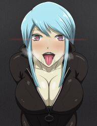 big_breasts black_jacket black_lipstick blue_eyes blue_hair megami_tensei nemissa_(megami_tensei) open_mouth shin_megami_tensei soul_hackers