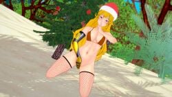 1girls beach bikini bikini_top blonde_female blonde_hair christmas_bikini christmas_in_july female half-dressed half_naked half_naked_female masturbation muffin_fox9 no_bikini_bottom robotic_arm rwby solo_female yang_xiao_long