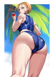 1girls ass ass_focus back_muscles back_view black_choker blonde_hair blue_eyes blue_swimsuit breasts cameltoe cammy_white capcom choker clothed drink facial_scar female female_only holding_object holding_soda huge_ass kneepits low-angle_view palm_tree plump_labia scar serious_look shiny_skin short_hair sideboob soda soda_can solo street_fighter street_fighter_6 tight_clothes white_border yagi_(joe731842)