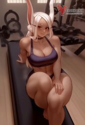 1girls 2d abs ai_generated ass big_ass big_breasts boku_no_hero_academia breasts cleavage dark-skinned_female dark_skin erophoenix female female_focus full_body gym looking_at_viewer mirko miruko muscle muscular_female my_hero_academia navel patreon_username solo solo_female sports_bra thick thick_thighs toned uncensored