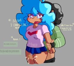 1boy 1girls 4iner black_hair blue_hair clothed crying cum english_text female friday_night_funkin friday_night_funkin_mod imminent_rape male o!sky oc penis_between_thighs pink_eyes skirt sky_(friday_night_funkin) skyverse text