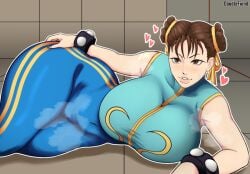 1girls 2d artist_name blue_pants blue_shirt bracelet breasts brown_eyes brown_hair chun-li curvy doodlefiend female female_only heart_symbol huge_breasts huge_thighs light-skinned_female makeup seductive steam street_fighter tagme teasing thick_thighs thighs tight_clothing watermark