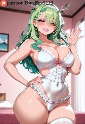 ai_generated antlers bangs bare_shoulders bed bedroom bimbo bimbofication blush braid branch breasts cameltoe ceres_fauna cleavage collarbone covered_navel cowboy_shot earrings female flower frills green_hair grin hair_flower hair_ornament hand_on_hip hand_up hololive hololive_english indoors jewelry large_breasts leotard lingerie lipstick long_hair looking_at_viewer makeup mole mole_on_breast mole_under_eye nail_polish on_bed parted_lips seductive_smile skindentation smile solo teeth tgv9173 thick_thighs thighhighs thighs underwear virtual_youtuber wavy_hair white_thighhighs yellow_eyes