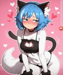 ai_generated blush cat_cutout embarrassed fake_cat_tail female furry furry_female heart oktobersky small_breasts solo solo_female wolf_girl wolfychu