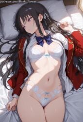 ai_generated bangs bed bed_sheet black_hair blank_forest blazer blue_bow blue_bra blue_neckwear blue_ribbon blush bow bow_panties bowtie bra breasts classroom_of_the_elite cleavage closed_mouth collared_shirt dress_shirt eyebrows_visible_through_hair garter_belt hair_ribbon half-closed_eyes horikita_suzune jacket lace lace-trimmed_bra large_breasts large_butt large_thighs lingerie long_hair long_sleeves looking_at_viewer lying medium_breasts navel on_back on_bed open_clothes open_jacket open_shirt panties pillow purple_eyes red_jacket ribbon school_uniform shirt sidelocks solo stomach thick_ass thick_thighs thighs unbuttoned underwear uniform very_long_hair white_bra white_panties white_shirt