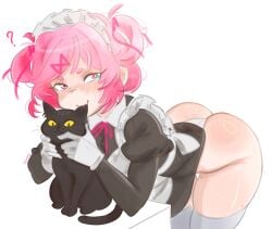 1girls ass blush cat doki_doki_literature_club emiillb feline female maid maid_headdress maid_uniform natsuki_(doki_doki_literature_club) panties pink_hair thick_thighs white_panties