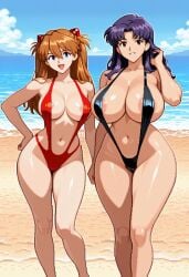 2girls ai_generated asuka_langley_sohryu beach big_breasts black_sling_bikini blue_eyes blue_hair breasts brown_eyes civitai huge_boobs huge_breasts looking_at_viewer milf misato_katsuragi mother_and_daughter neon_genesis_evangelion orange_hair pixel_art posing purple_hair red_sling_bikini sling_bikini slingshot_swimsuit teenager unclego visible_areolae voluptuous