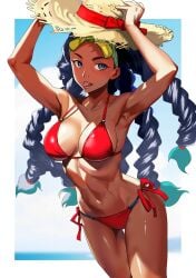 1girls adjusting_hat armpits beach bikini blue_eyes blue_hair braid breasts capcom cleavage cowboy_shot dark-skinned_female dark_skin ebony female female_only front_view gradient_hair hat human kimberly_jackson large_breasts long_hair looking_to_the_side multicolored_hair navel ocean outdoors quad_braids red_bikini side-tie_bikini_bottom solo stomach straw_hat street_fighter street_fighter_6 string_bikini sun_hat swimsuit teal_hair thigh_gap toned toned_female tongue tongue_out very_long_hair yagi_(joe731842)