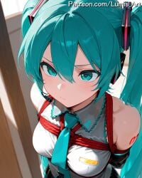 2025 ai_assisted ai_generated aqua_eyes aqua_hair arms_behind_back artist_name bare_shoulders bondage bondage bondage bound bound_arms bound_legs bound_wrists box_tie breast_bondage breasts detached_sleeves female from_above hair_ornament hatsune_miku high_quality high_res high_resolution highres long_hair lumis_art medium_breasts necktie patreon red_rope restrained rope shibari_over_clothes shirt sleeveless sleeveless_shirt solo stable_diffusion tattoo thighhighs twintails very_long_hair vocaloid watermark