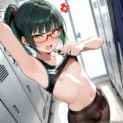 1boy ai_generated angry bulge changing_clothes femboy genderswap_(ftm) glasses green_hair jujutsu_kaisen locker_room male nipples ponytail rule_63 solo sports_bra stockings tagme tehmar trap zenin_maki