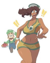!! 1boy 1girls blue_eyes blue_overalls booty_shorts breasts breasts_bounce brown_hair child_bearing_hips clothing curvy dark-skinned_female dark_skin duo earrings elephant_fruit facial_hair female flower_earrings gloves green_hat green_shirt hat holding_plate human large_hips leedraw11 light-skinned_male light_skin long_hair looking_at_another luigi male mammal mario_(series) mario_kart mario_kart_world mature mature_female mature_male nintendo open_mouth ponytail princess_daisy princess_daisy_(swimwear) running shirt shocked shocked_expression thick_thighs thighs voluptuous voluptuous_female white_background wide_hips