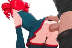 1boy absurdres ahoge anal ass bare_shoulders black_shirt black_skirt black_sleeves black_thighhighs bottomless censored clothes_lift commentary_request detached_sleeves drill_hair female highres kasane_teto lifting_another's_clothes linhangwei long_hair miniskirt mosaic_censoring no_panties pussy red_hair red_trim sex sex_from_behind shirt simple_background skirt skirt_lift sleeveless sleeveless_shirt straight thighhighs thighs twin_drills utau white_background