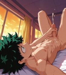 1male abs ai_generated bed bedroom boku_no_hero_academia boner cock cum cumming cumshot deku dick erect_penis erection gay green_eyes green_hair indoor indoor_nudity indoors inside izuku_midoriya male midoriya_izuku my_hero_academia nude nudity penis penis_grab solo solo_male sweat tagme yaoi