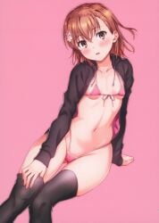 1girls 2020s 2022 absurd_res bikini black_hoodie black_thighhighs blush breasts brown_eyes brown_hair cleft_of_venus collarbone female flower gluteal_fold hair_flower hair_ornament hi_res hood hoodie isshi_pyuma looking_at_viewer matching_hair/eyes micro_bikini misaka_mikoto navel open_clothes open_hoodie parted_lips pink_background pink_bikini scan short_hair simple_background sitting small_breasts solo stomach string_bikini swimsuit swimsuit_under_clothes teenage_girl teenage_tits teenager thighhighs thighs to_aru_kagaku_no_railgun to_aru_majutsu_no_index young young_female