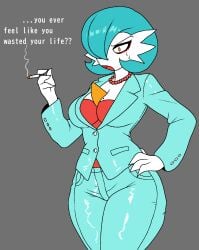 activeajames beauty__mark beauty_mark_on_breasts cigarette gardevoir hourglass natasha_(activeajames) pearl_necklace shiny_gardevoir suit