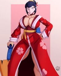 asian_clothing brawl_stars cleavage cleavage_overflow clothed_female clothing face_paint kasa-obake_piper kimono large_breasts light-skinned_female light_skin looking_at_viewer piper_(brawl_stars) supercell thick_thighs tr_yithaz