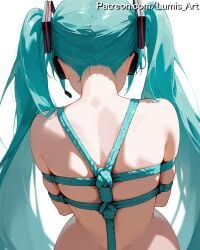 2025 ai_assisted ai_generated aqua_hair arms_behind_back artist_name ass bondage bondage bondage bound bound_arms bound_legs bound_wrists box_tie breast_bondage crotch_rope female hair_ornament hatsune_miku high_quality high_res high_resolution highres long_hair lumis_art patreon red_rope restrained ribbon_bondage rope shibari_over_clothes simple_background skindentation solo stable_diffusion twintails very_long_hair vocaloid watermark white_background
