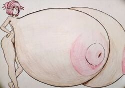 :o artist_request blush colored_sketch doki_doki_literature_club drawing gigantic_breasts hands_on_hips hips hyper_breasts immobile natsuki_(doki_doki_literature_club) pencil_(artwork) sketch thighs traditional_media traditional_media_(artwork)