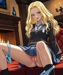 ai_generated blonde_hair blue_eyes blue_panties blue_skirt blue_tie exposed_pussy exposed_vagina female female female_focus harry_potter high_quality high_resolution hogwarts hogwarts_robe hogwarts_school_uniform hogwarts_student juicy_pussy long_hair looking_at_viewer luna_lovegood on_couch panties panties_around_leg panties_around_one_leg pussy pussy_juice pussy_juice_drip ravenclaw ravenclaw_school_uniform ravenclaw_tie seductive seductive_eyes seductive_look seductive_smile skirt stable_diffusion tie vagina vaginal_fluids vaginal_juices wet_panties wet_pussy wet_vagina