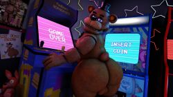 3d_(artwork) absurd_res animatronic anthro arcade_machine ass balls bear big_butt blue_eyes bow_tie brown_body clothing digital_media_(artwork) drawing_(object) electronics five_nights_at_freddy's freddy_(fnaf) genitals glowing glowing_eyes hat headgear headwear hi_res looking_at_viewer looking_back machine male mammal monitor neon_lights nsg_editor nude open_mouth plushie poster_(object) robot scottgames solo source_filmmaker_(artwork) tail teeth text top_hat wide_hips widescreen