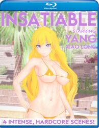 1girls arrancon bikini bikini_bottom bikini_top blonde_female blonde_hair blu-ray_cover dvd_cover female purple_eyes rwby small_bikini solo_female yang_xiao_long