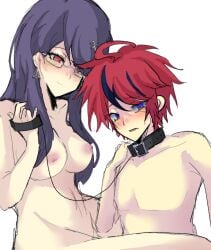 1boy ahoge black_hair blue_eyes blush breasts collar collarbone female femdom fingernails glasses hiruko_shizuhara leash looking_at_another medium_breasts messy_hair mmmiottt multicolored_eyes multicolored_hair nipples nude open_mouth purple_hair red_eyes red_hair shizuhara_hiruko simple_background smile sumino_takumi takumi_sumino the_hundred_line_-last_defense_academy- topless_female topless_male white_background