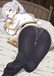 1girls 2d ass ass_focus bed bedroom black_pantyhose capelet closed_mouth crotch crotch_seam earrings elf elf_ears elf_female feet feet_focus female fists_clenched frieren frieren_beyond_journey's_end green_eyes highres indoors jewelry laying_down laying_on_bed laying_on_stomach legs legs_up long_sleeves looking_at_viewer looking_back no_shoes one_leg_up panties panties_under_pantyhose pantyhose pantyhose_feet pillow pointy_ears poncho short_eyebrows skirt sole_female soles solo thick_ass thick_thighs thighs to_bari toe_seam turning_head twintails underwear white_capelet white_hair white_panties white_sheets white_shirt white_skirt