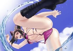 1girls ass asymmetrical_bangs bangs big_ass black_hair black_nails boots capcom clouds female female_only hair_horns juri_han kicking knee_boots looking_at_viewer low-angle_view nail_polish navel open_mouth pink_bikini pink_eyes sidelocks sky solo street_fighter street_fighter_iv striped_bikini swimsuit thick_thighs two_tone_hair wardrobe_malfunction water water_drops yagi_(joe731842)