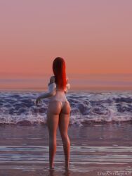 ass athletic athletic_female beach big_ass big_breasts bikini dota_2 female female lina red_hair shirt solo solo_female sunrise water wet