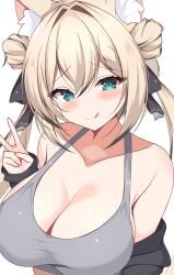 :q alternate_costume animal_ear_fluff animal_ears bare_shoulders black_jacket black_ribbon blonde_hair blush braid breasts cat_ears cat_girl cleavage closed_mouth collarbone double-parted_bangs double_bun female fullsaber2 green_eyes grey_sports_bra hair_between_eyes hair_bun hair_intakes hair_ribbon hand_up highres jacket jacket_partially_removed large_breasts long_hair long_sleeves looking_at_viewer manuka_(vrchat) off_shoulder open_clothes raised_eyebrows ribbon simple_background smile solo sports_bra tongue tongue_out twintails upper_body v vrchat white_background