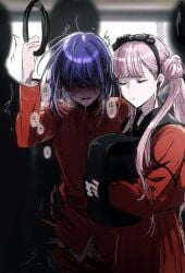 1boy bag black_bow black_hairband black_headband bow brother_and_sister chikan closed_eyes closed_mouth eyebrows eyelashes female grabbing_another's_ass groping hair_between_eyes hairband hand_up headband highres holding holding_bag japanese_text kikinotmi matching_outfits molestation pink_hair purple_hair red_skirt siblings skirt the_hundred_line_-last_defense_academy- train_interior translation_request tsukumo_ima tsukumo_kako twins