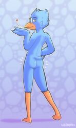 anthro ass avian beak berdly bird bird_legs blue_body blue_eyes blue_feathers deltarune digital_media_(artwork) dragon eyewear feathers flirting flirting_with_viewer glasses heart_symbol hi_res looking_at_viewer male mammal mythological_creature mythological_scalie mythology nude scalie simple_background solarlewds solo tail undertale_(series) wings yellow_legs