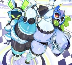 2girls alt_h34 ass big_ass big_breasts bottom_heavy bra breasts busty cameltoe female female_only holding_leg_up huge_ass huge_breasts krokobyaka large_breasts legs_up looking_at_viewer original panties png project_turboblast robot robot_girl shortstack tempo_(project_turboblast) thick_thighs thunder_thighs top_heavy underboob wide_hips