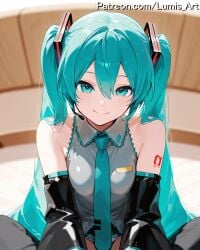 2025 ai_assisted ai_generated aqua_eyes aqua_hair aqua_necktie artist_name bare_shoulders bed black_sleeves blurry blurry_background blurry_foreground depth_of_field detached_sleeves female grey_shirt hair_ornament hatsune_miku high_quality high_res high_resolution highres indoors long_hair looking_at_viewer lumis_art necktie number_tattoo patreon pov shirt shoulder_tattoo sitting sleeveless smile solo stable_diffusion tattoo twintails very_long_hair vocaloid watermark