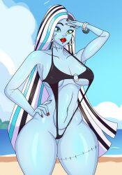 1other ambiguous_gender beach breasts female frankie_stein heterochromia ineffective_clothing jose12mexico looking_at_viewer monster_girl monster_high monster_high_g3 multicolored_hair nipples_visible_through_clothing nonbinary nonbinary_(lore) piercing sideboob skimpy skimpy_swimwear stitched stitches swimsuit thick_thighs underboob