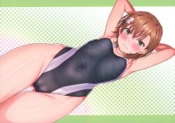1girls 2020s 2024 absurd_res angry armpits arms_behind_head bare_hips bare_shoulders blush border breasts brown_eyes brown_hair cleft_of_venus collarbone competition_school_swimsuit competition_swimsuit cute embarrassed female flower frown gluteal_fold green_border hair_flower hair_ornament hi_res isshi_pyuma looking_at_viewer matching_hair/eyes misaka_mikoto one-piece_swimsuit scan school_swimsuit short_hair simple_background skin_tight small_breasts solo standing swimsuit teenage_girl teenager thighs to_aru_kagaku_no_railgun to_aru_majutsu_no_index tokiwadai_school_swimsuit young young_female