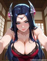 1female 1girls ai_generated big_breasts black_eyeshadow black_hair blue_eyes blush blush_lines blushing_female breasts cleavage female female_focus female_only huge_boobs huge_breasts irelia_xan kaistar large_boobs large_breasts league_of_legends league_of_legends:_wild_rift light-skinned light-skinned_female light_skin looking_at_viewer milf mommy patreon reaching_towards_viewer shiny shiny_skin smile smiling smiling_at_viewer smirk solo solo_female solo_focus standing white_skin white_skinned white_skinned_female