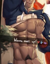 1boy abs big_penis clothes_lift dilf erect_penis erection gay huge_cock large_penis male message muscular muscular_male pec_grab pecs pokemon raihan_(pokemon) snapchat sports_uniform sportswear tfireuwulf thick_penis veiny_penis