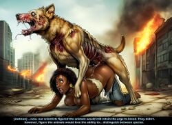 ai_generated breasts breasts_out canine cum cum_inside dark_skin dark_skinned_female dialogue domestic_dog feral feral_on_female feral_on_human interspecies interspecies_sex nipples outside post-apocalyptic questionable_consent ripped_clothing undead undead_male zombie zombie_dog zombie_male zoophilia