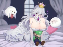 1girls armwear bed bedroom big_breasts blue_overalls boo_(mario) boosette breasts cleavage closed_eyes clothing crown dress ear_piercing female ghost ghost_girl green_hat green_shirt hat heart huge_breasts humanoid indoors large_breasts long_hair looking_at_viewer luigi mario_(series) mature mature_female nintendo on_kness open_mouth plushie purple_eyes purple_tongue sharp_teeth smile tongue tongue_out uchujin_desuuu voluptuous voluptuous_female white_armwear white_bed_sheet white_body white_hair