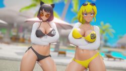 2girls arms_under_breasts bikini bikini_bottom bikini_top black_hair black_hair_female blake_belladonna blonde_female blonde_hair canon_couple cat_ears jic_jic long_hair long_hair_female purple_eyes rwby sunglasses yang_xiao_long yellow_eyes