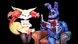 1femboy 2boys 3d animal_genitalia animal_penis anthro anthro_femboy anthro_only big_ears blue_body blue_fur bonnie_(fnaf) book braixen bunny_ears canine chair cigarette crossover cup erection five_nights_at_freddy's fox fox_ears fox_girl fox_tail fur furry furry_ears furry_only futanari intersex male meme nightmare_bonnie nipples nude nude_anthro red_eyes senna_source sfm shitpost small_breasts small_hips smug_face tail yellow_body yellow_fur yellow_tail