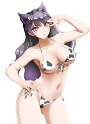 animal_ears animal_print bikini black_hair blake_belladonna breasts cleavage cow_print cowboy_shot female hand_on_hip large_breasts long_hair looking_at_viewer navel side-tie_bikini solo standing swimsuit underboob white_background yellow_eyes