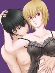 1boy 1girls black_hair blonde_hair dress_lift female gintama hand_on_another's_head hand_on_another's_stomach hijikata_toshiro lace lace_trim looking_at_viewer male negligee nightgown okita_mitsuba purple_background red_eyes sachi_(artist) see-through_clothing short_hair tongue_out upper_body