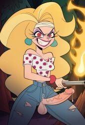 1futa ai_generated balls big_penis blonde_hair clothed crazy_eyes evil_grin fire futanari gun helluva_boss jeans long_hair looking_at_viewer martha_(helluva_boss) penis penis_out precum rifle solo solo_futa testicles veiny_penis vivienne_medrano vivziepop