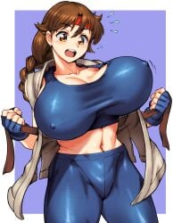blue_leggings blue_pants blue_sports_bra blush bouncing_breasts braid braided_ponytail breasts brown_eyes brown_hair cleavage covered_erect_nipples dougi fingerless_gloves gloves headband kaga_kasama leggings martial_arts_belt midriff navel open_mouth pants ponytail red_headband seamed_legwear shiny_clothes single_braid sports_bra surprised the_king_of_fighters tight_clothes undressing yoga_pants yuri_sakazaki