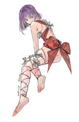 1boy absurdres barefoot bow chinese_commentary dated eldard_(lofter) full_body highres ima_tsukumo looking_at_viewer looking_back money naked_ribbon purple_hair red_bow red_ribbon ribbon short_hair signature simple_background sketch smile the_hundred_line_-last_defense_academy- trap tsukumo_ima tucked_money white_background