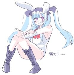 amemiya_darumi armpits black_bow black_hair blue_hair bow closed_mouth darumi_amemiya ear_piercing earrings face_piercing female female_focus full_body heart japanese_text jewelry leotard lip_piercing long_hair makeup mei_guchuan multicolored_hair outstretched_arm outstretched_hand piercing playboy_bunny rabbit_ears red_bow runny_makeup simple_background sitting smile solo solo_focus the_hundred_line_-last_defense_academy- twintails white_background