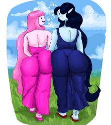 adama39062 adventure_time ass ass_focus back_view big_ass cartoon_network dress english_text looking_at_another marceline marceline_abadeer pink_body pink_hair princess_bubblegum talking_to_another text yuri